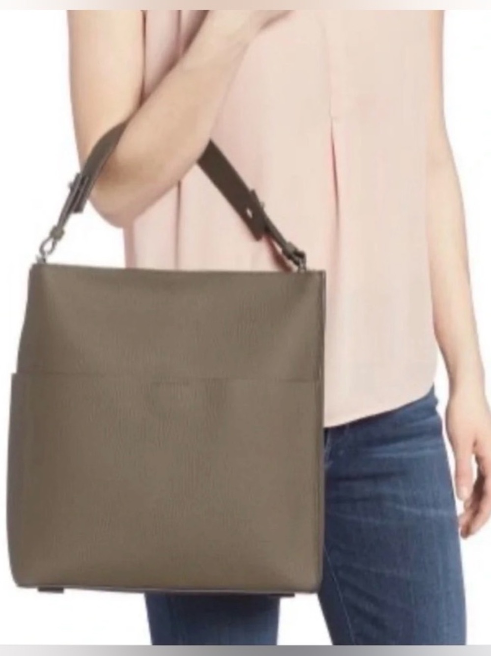 Like New AllSaints Mast North/South Pebbled Leather Tote Bag (Mink Grey)
